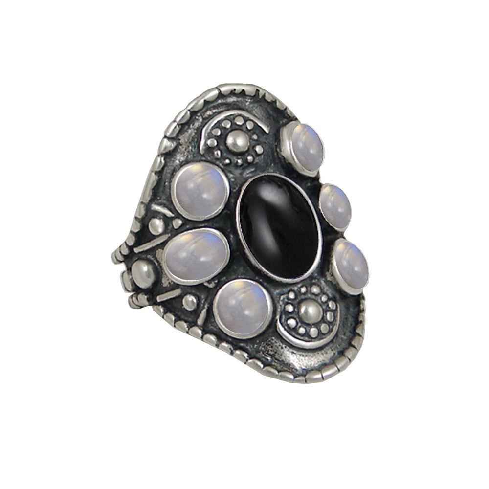 Sterling Silver High Queen's Ring With Black Onyx And Rainbow Moonstone Size 6